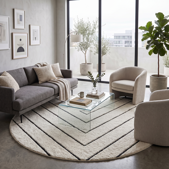 Round handmade Moroccan wool rug with modern carved line pattern, minimalist geometric design.