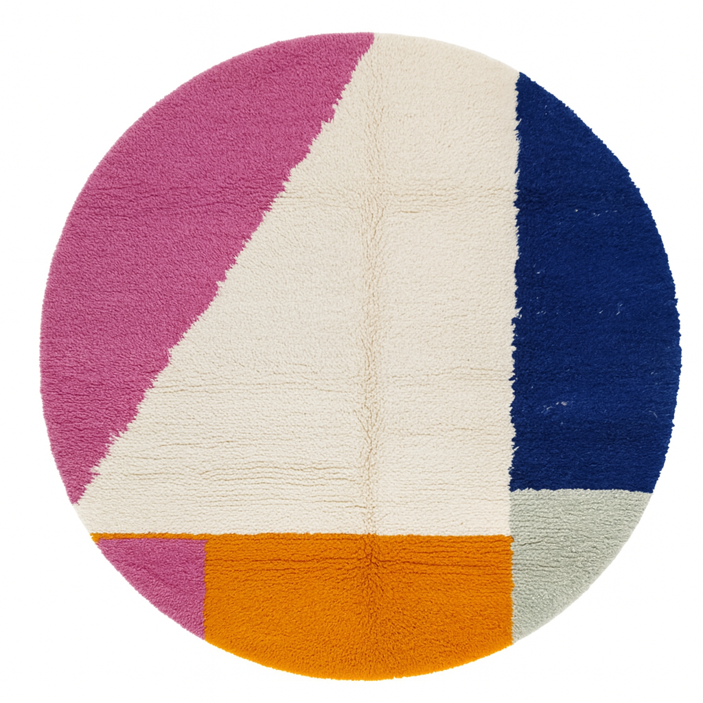 Round colorful Moroccan wool rug with modern abstract design