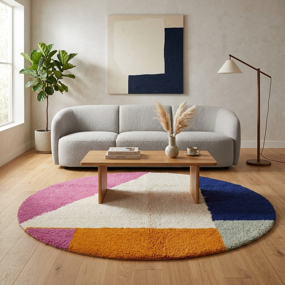 Round colorful Moroccan wool rug with modern abstract design