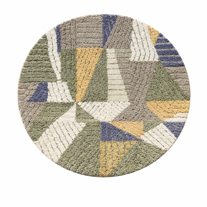Round handmade Moroccan wool rug with geometric Berber pattern in green, beige, mustard, and blue tones on a white background