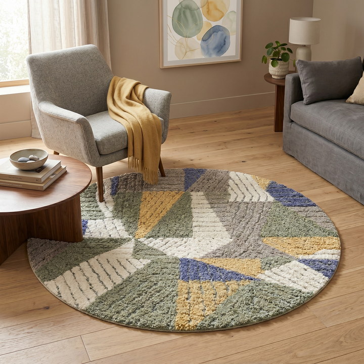 Round handmade Moroccan wool rug with geometric Berber pattern in green, beige, mustard, and blue tones on a white background