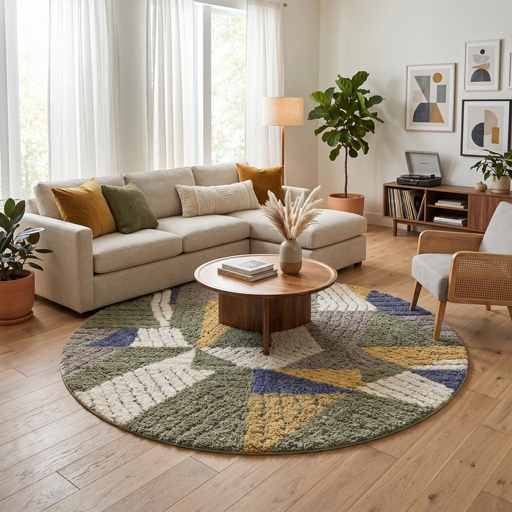 Round handmade Moroccan wool rug with geometric Berber pattern in green, beige, mustard, and blue tones on a white background