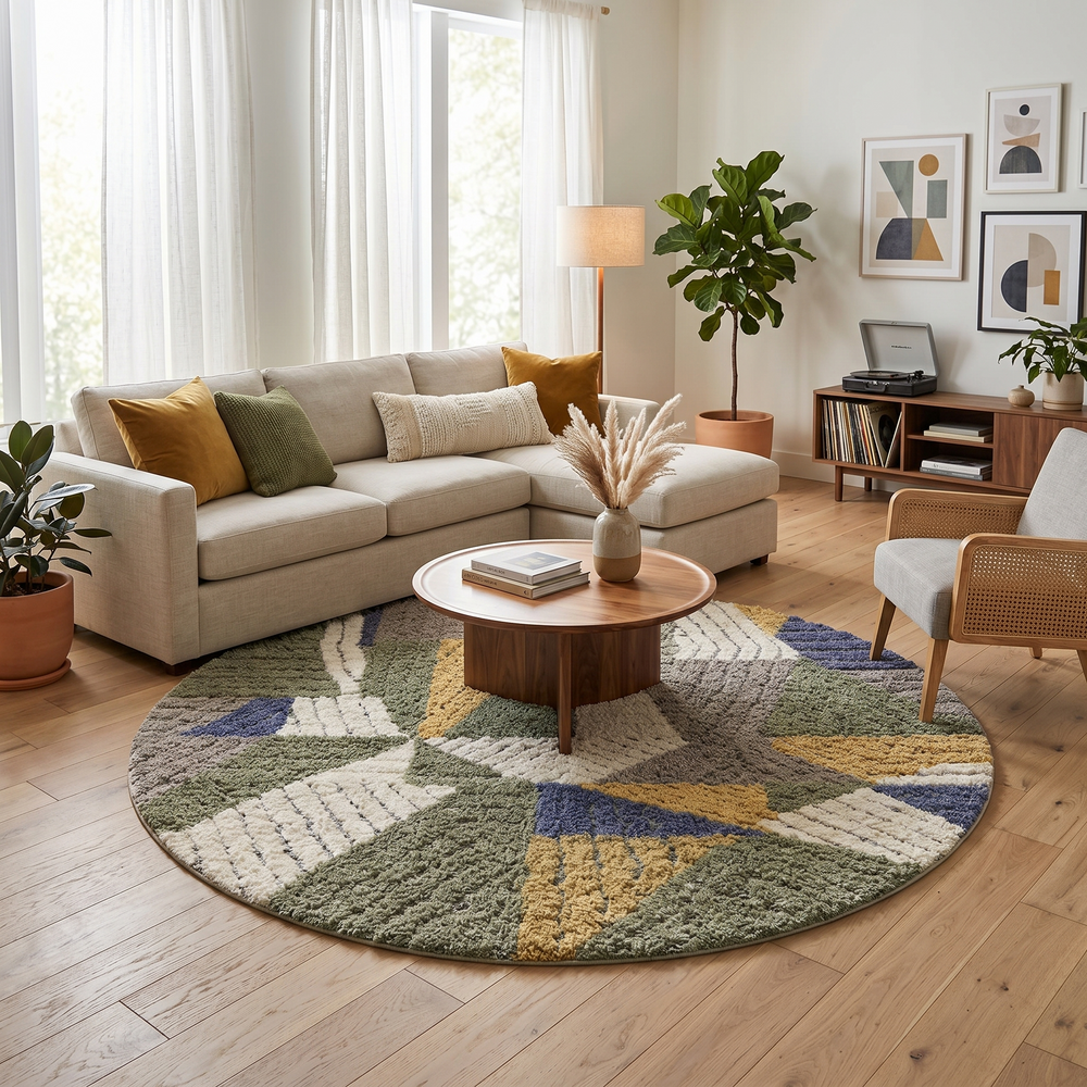 Round handmade Moroccan wool rug with geometric Berber pattern in green, beige, mustard, and blue tones on a white background