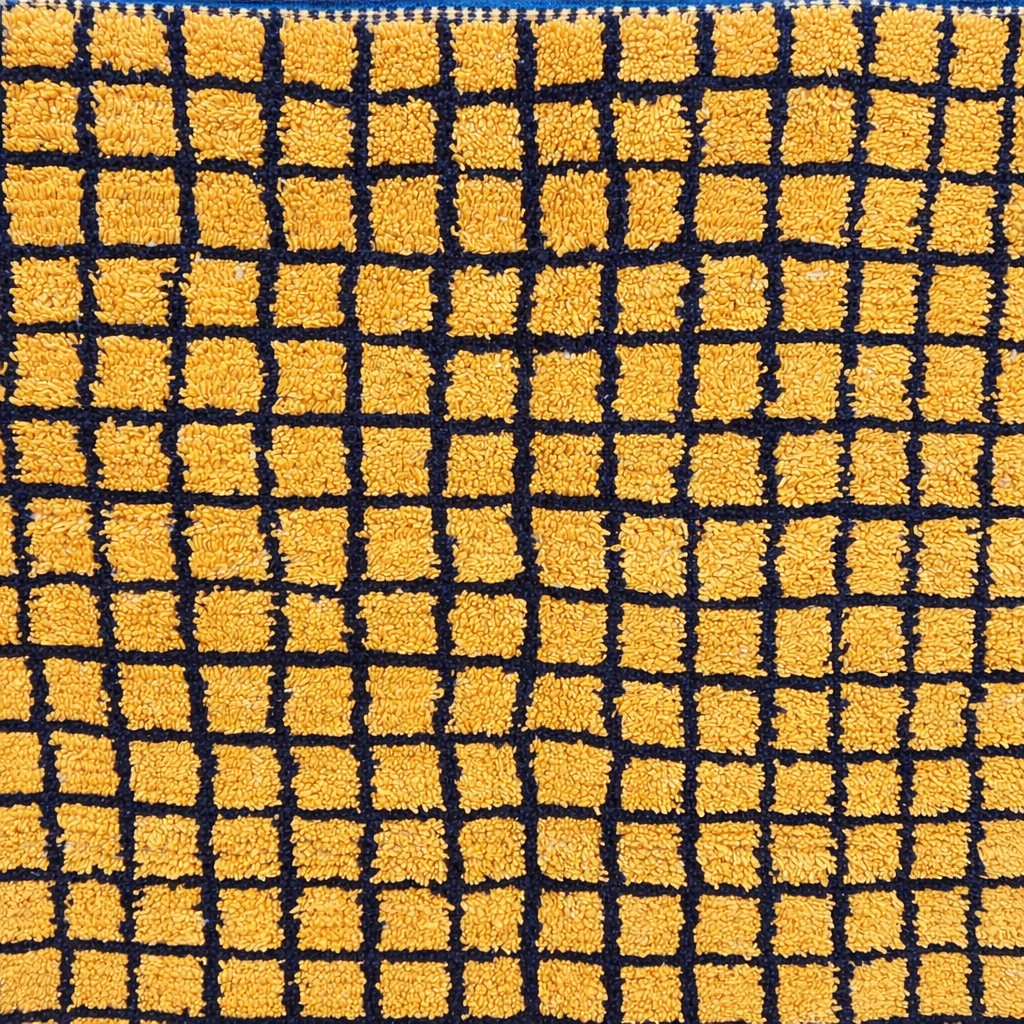 Round handmade Moroccan wool rug in mustard yellow with bold black grid pattern on white background