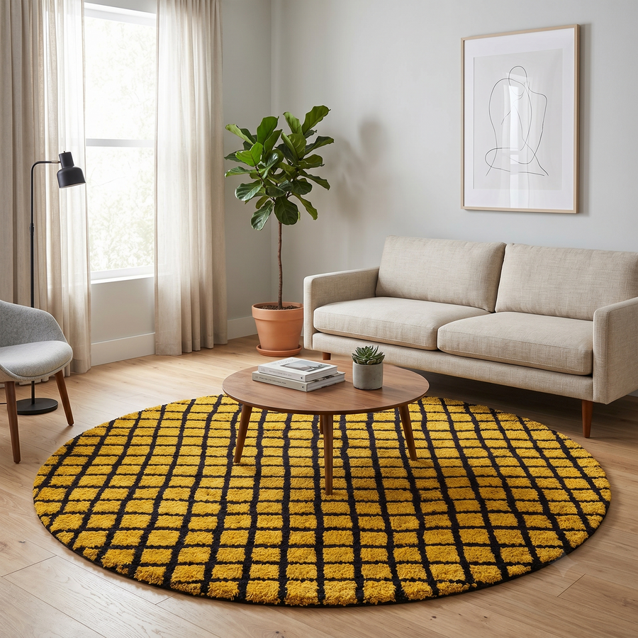 Round handmade Moroccan wool rug in mustard yellow with bold black grid pattern on white background