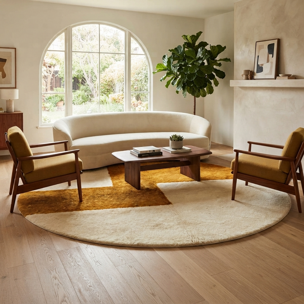 Round Moroccan wool rug with orange and beige geometric pattern handmade by artisans