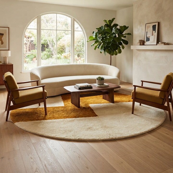 Round Moroccan wool rug with orange and beige geometric pattern handmade by artisans