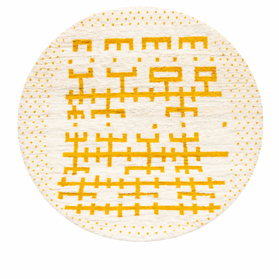 Round handmade Moroccan wool rug in white with mustard Berber pattern