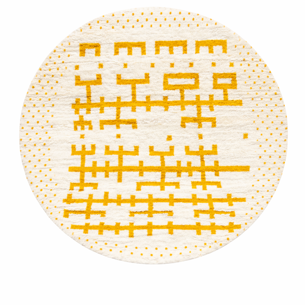 Round handmade Moroccan wool rug in white with mustard Berber pattern