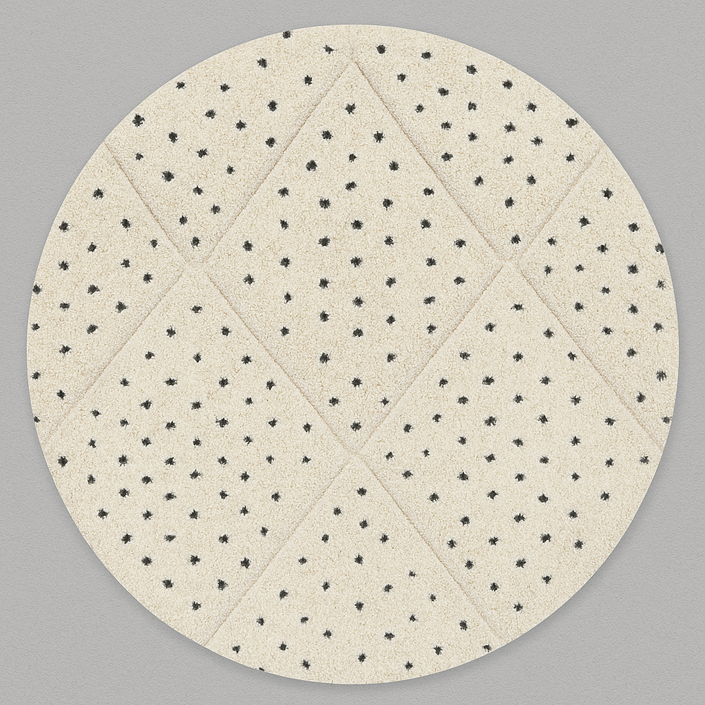 Round white Moroccan wool rug with black dotted motifs and carved diamond pattern