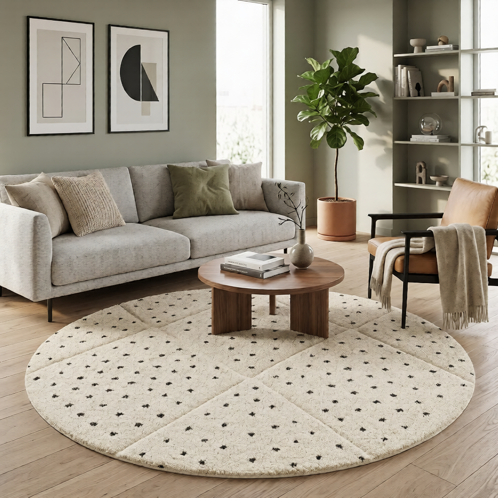 Round white Moroccan wool rug with black dotted motifs and carved diamond pattern