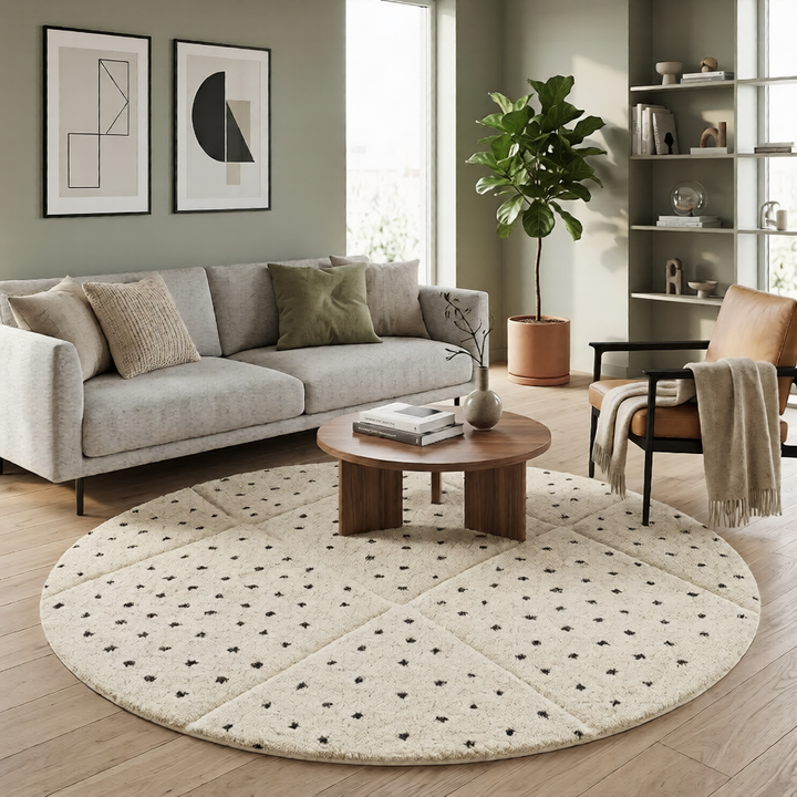 Round white Moroccan wool rug with black dotted motifs and carved diamond pattern