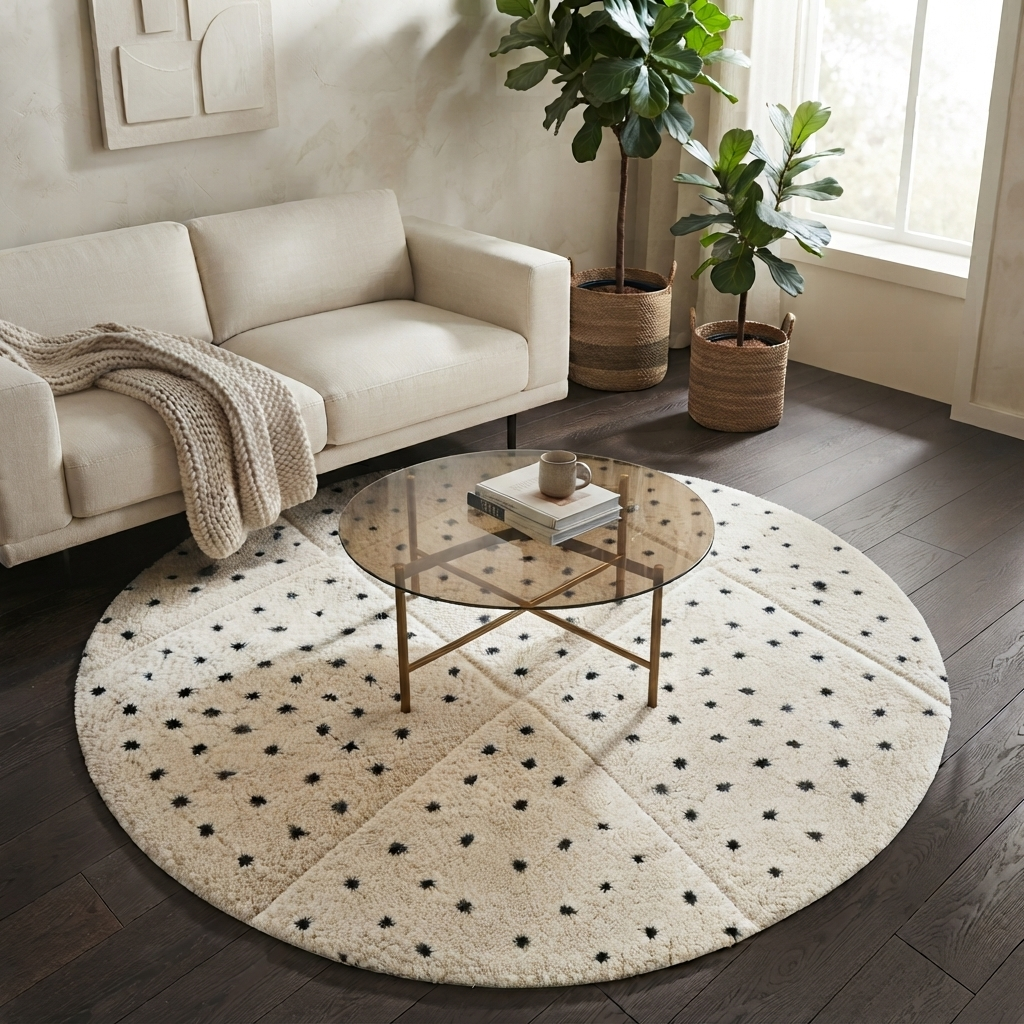 Round white Moroccan wool rug with black dotted motifs and carved diamond pattern