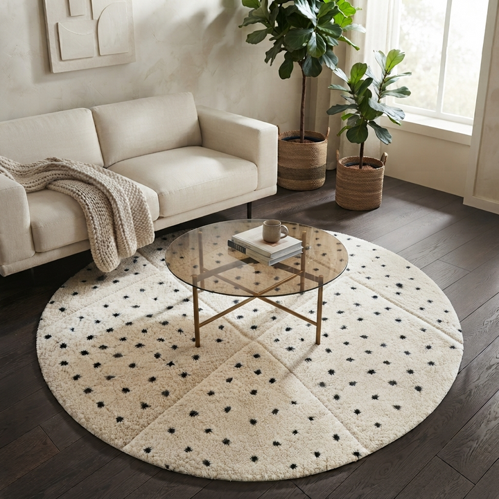 Round white Moroccan wool rug with black dotted motifs and carved diamond pattern