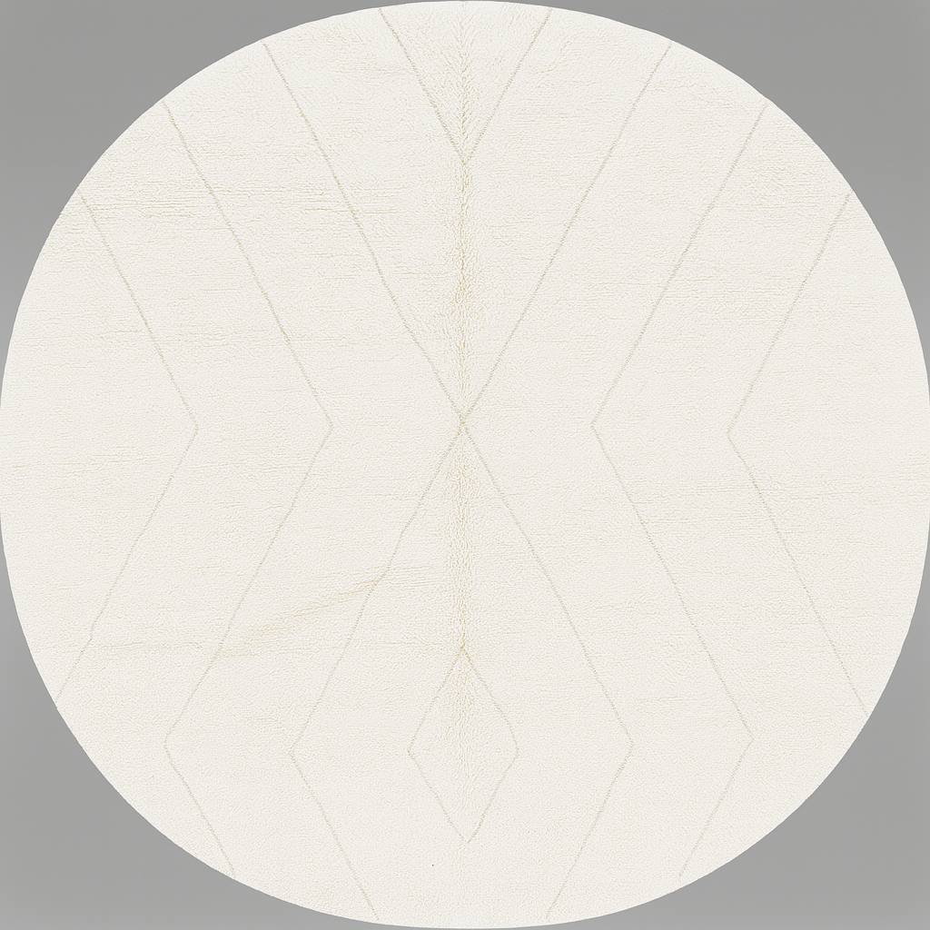 Round white Moroccan wool rug with subtle carved Berber line pattern