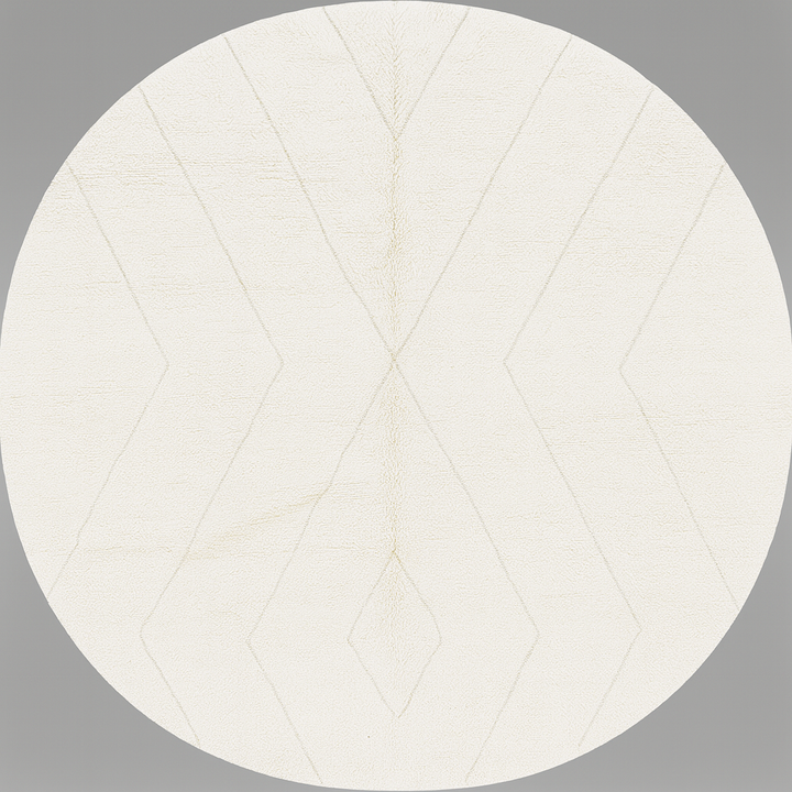 Round white Moroccan wool rug with subtle carved Berber line pattern