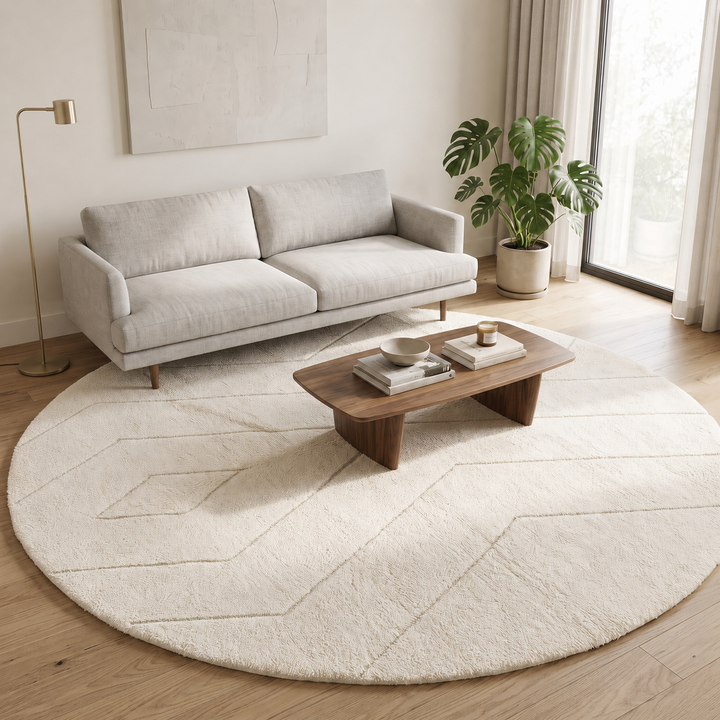 Round white Moroccan wool rug with subtle carved Berber line pattern