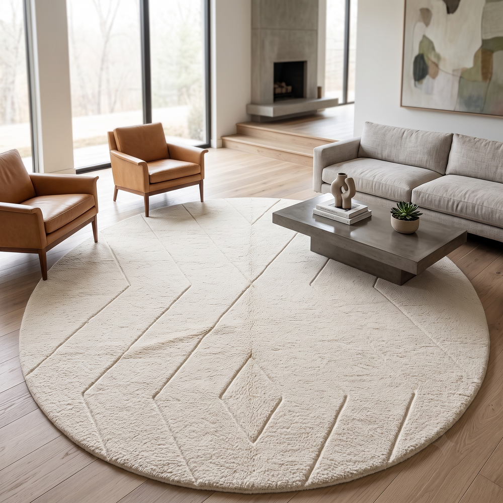 Round white Moroccan wool rug with subtle carved Berber line pattern