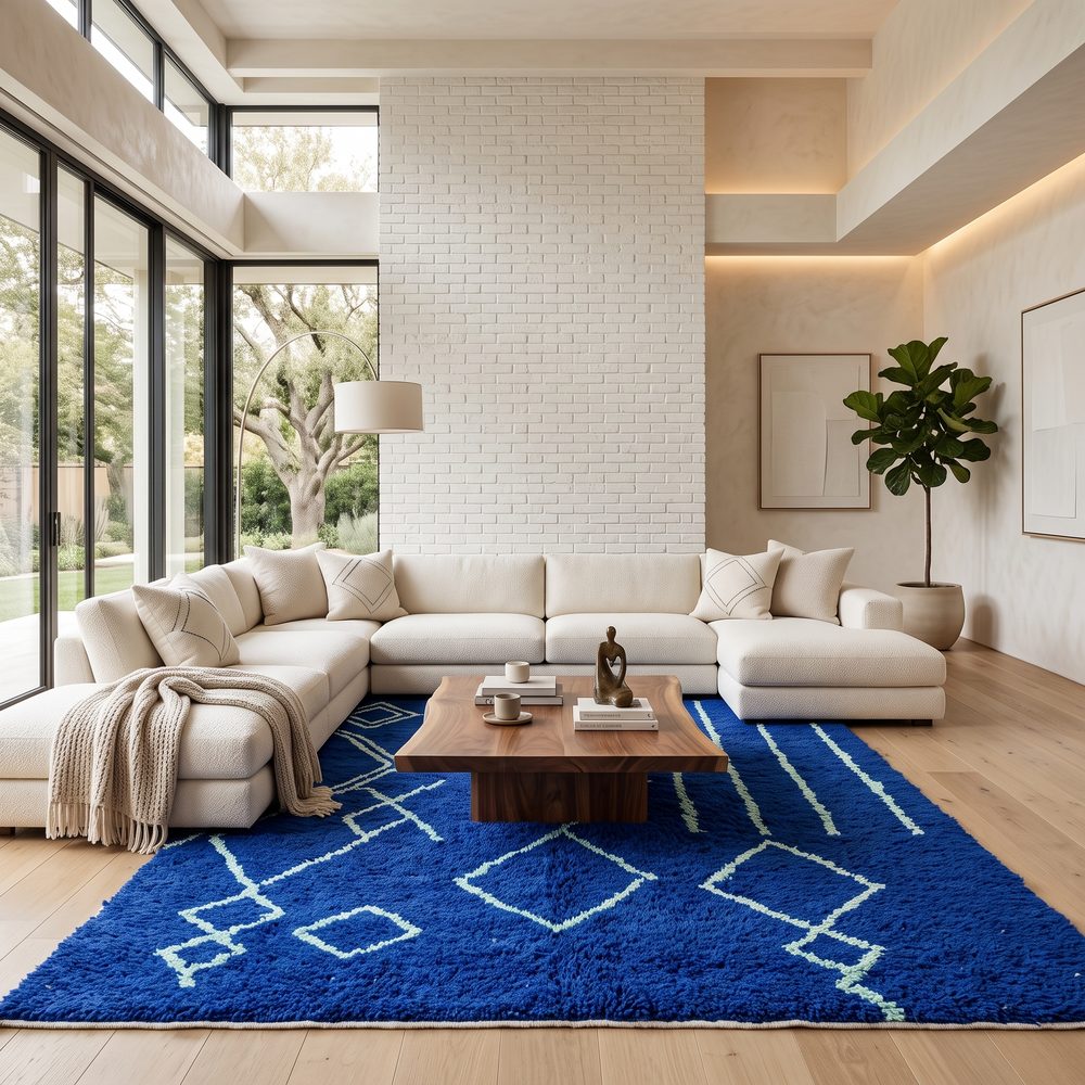 Handwoven royal-blue Moroccan wool rug with geometric light-blue diamond and line patterns
