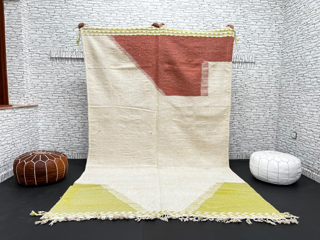 Handwoven Moroccan flatweave wool rug in rust, beige, and green – geometric wool kilim Berber carpet