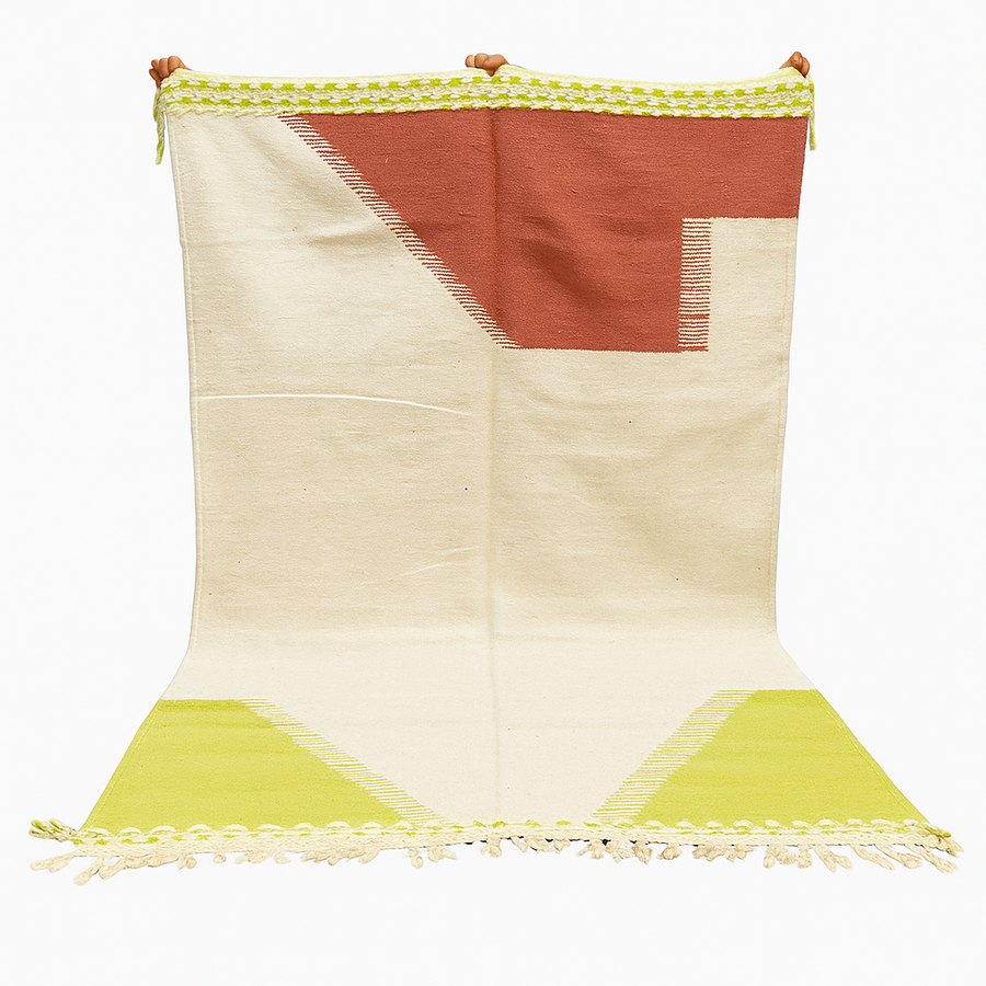 Handwoven Moroccan flatweave wool rug in rust, beige, and green – geometric wool kilim Berber carpet