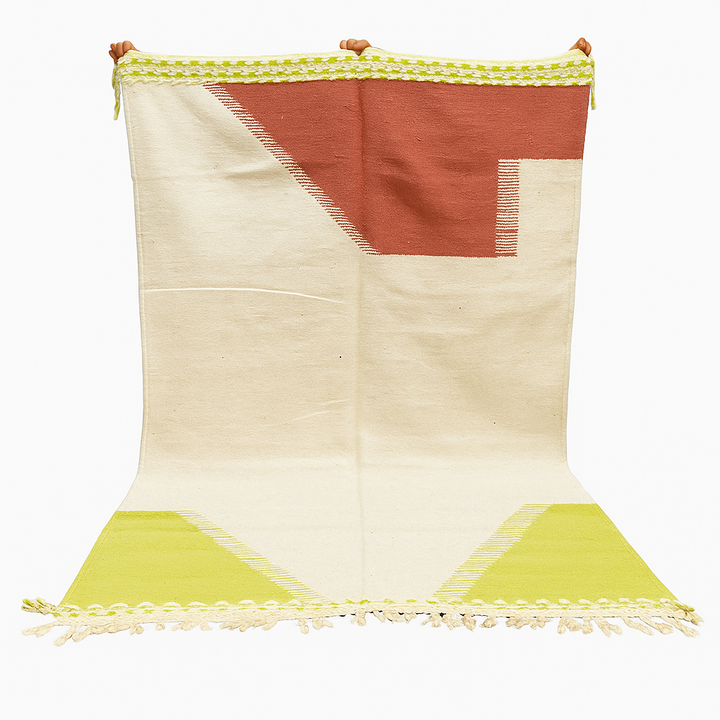 Handwoven Moroccan flatweave wool rug in rust, beige, and green – geometric wool kilim Berber carpet