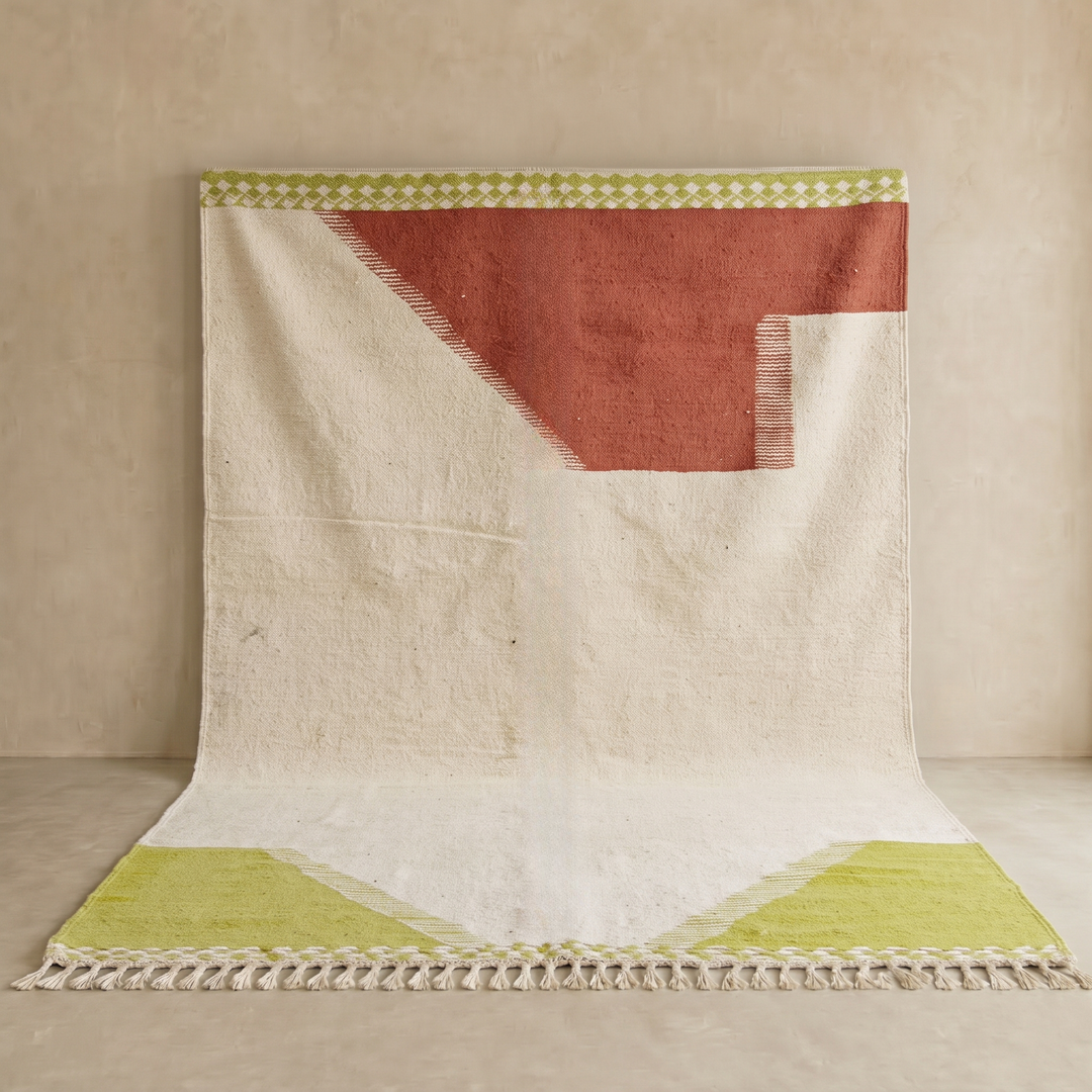 Handwoven Moroccan flatweave wool rug in rust, beige, and green – geometric wool kilim Berber carpet