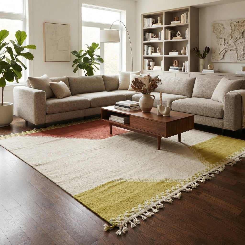 Handwoven Moroccan flatweave wool rug in rust, beige, and green – geometric wool kilim Berber carpet