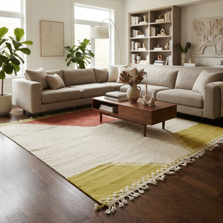 Handwoven Moroccan flatweave wool rug in rust, beige, and green – geometric wool kilim Berber carpet