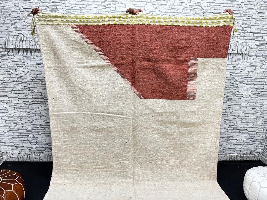 Handwoven Moroccan flatweave wool rug in rust, beige, and green – geometric wool kilim Berber carpet