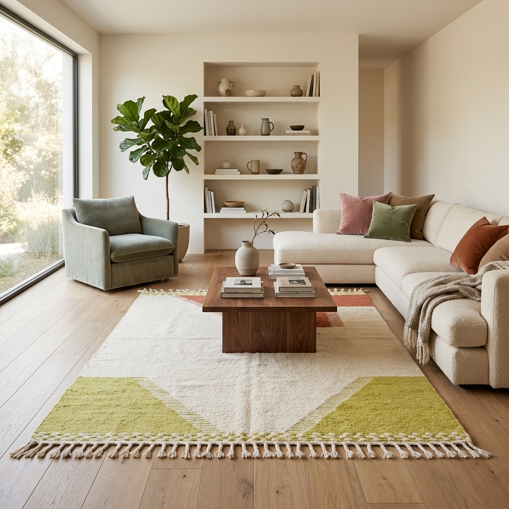 Handwoven Moroccan flatweave wool rug in rust, beige, and green – geometric wool kilim Berber carpet