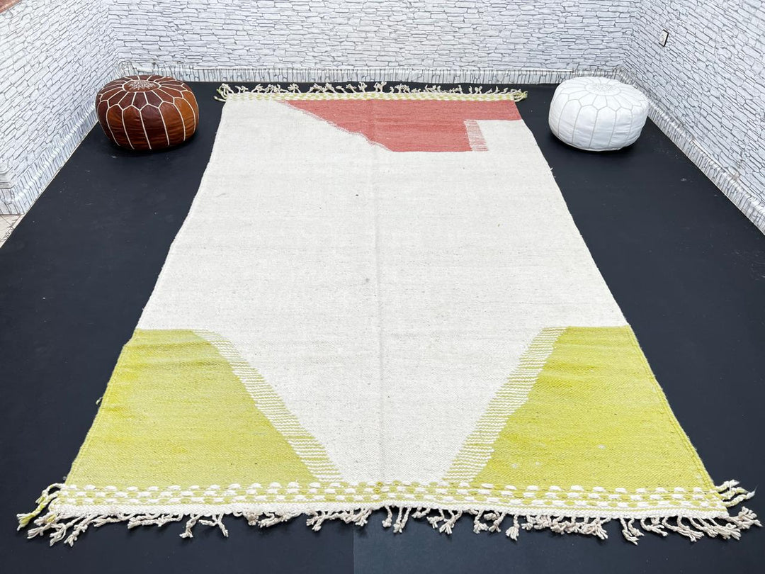 Handwoven Moroccan flatweave wool rug in rust, beige, and green – geometric wool kilim Berber carpet