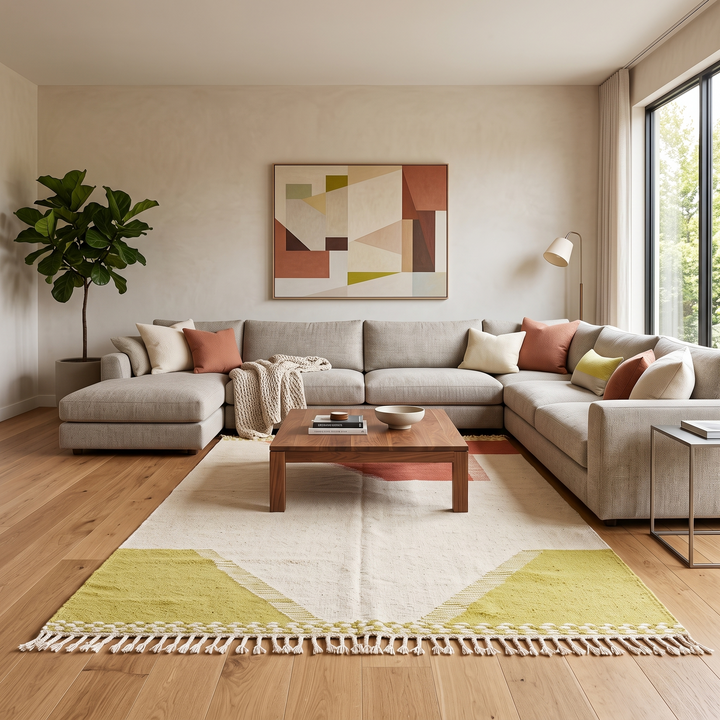 Handwoven Moroccan flatweave wool rug in rust, beige, and green – geometric wool kilim Berber carpet