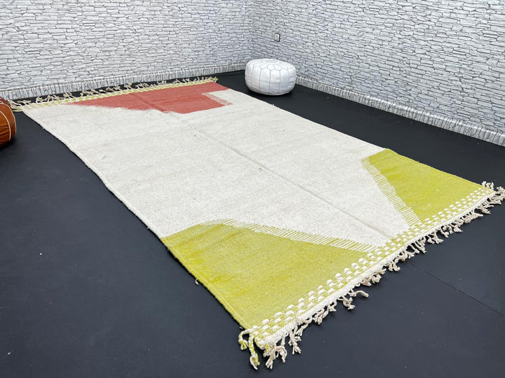 Handwoven Moroccan flatweave wool rug in rust, beige, and green – geometric wool kilim Berber carpet