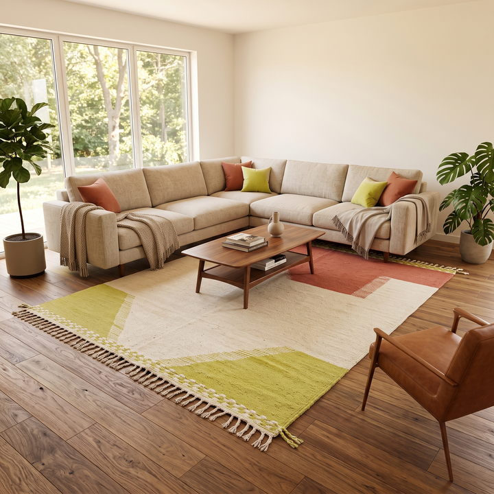 Handwoven Moroccan flatweave wool rug in rust, beige, and green – geometric wool kilim Berber carpet