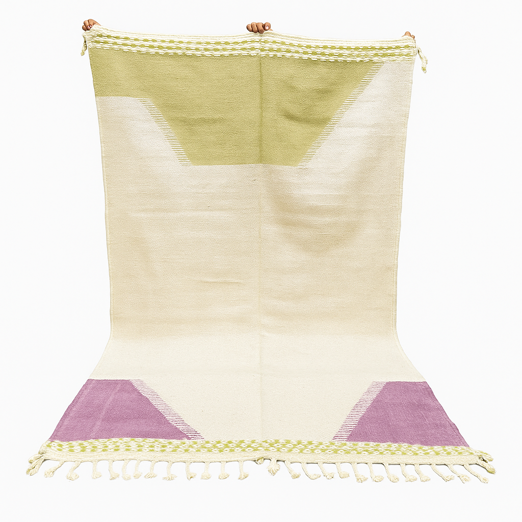 Handwoven Moroccan flatweave wool rug in sage green, lavender, and beige – geometric kilim Berber carpet