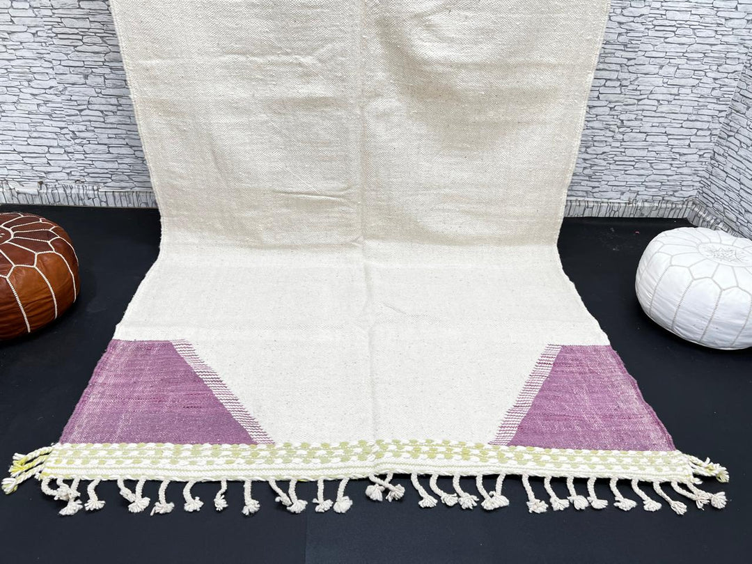 Handwoven Moroccan flatweave wool rug in sage green, lavender, and beige – geometric kilim Berber carpet