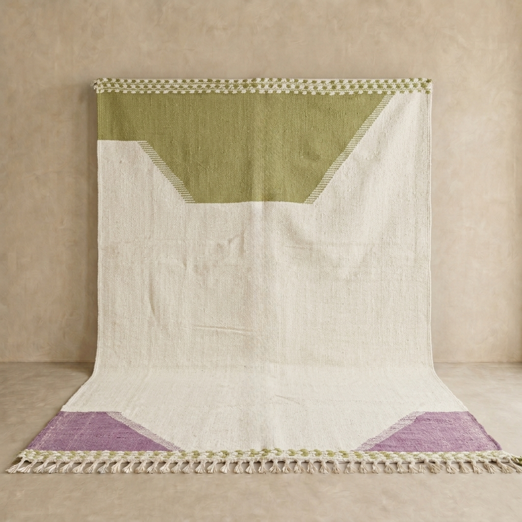 Handwoven Moroccan flatweave wool rug in sage green, lavender, and beige – geometric kilim Berber carpet