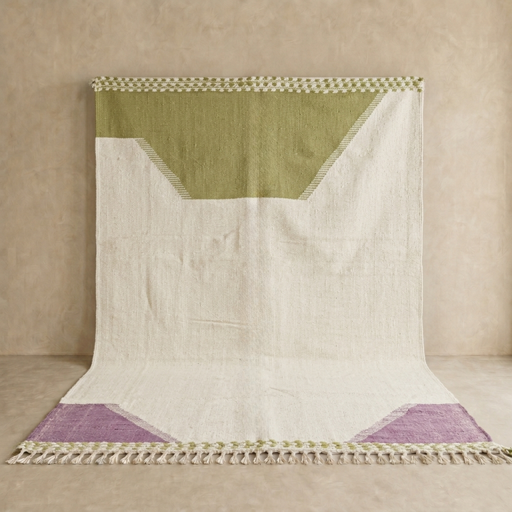 Handwoven Moroccan flatweave wool rug in sage green, lavender, and beige – geometric kilim Berber carpet