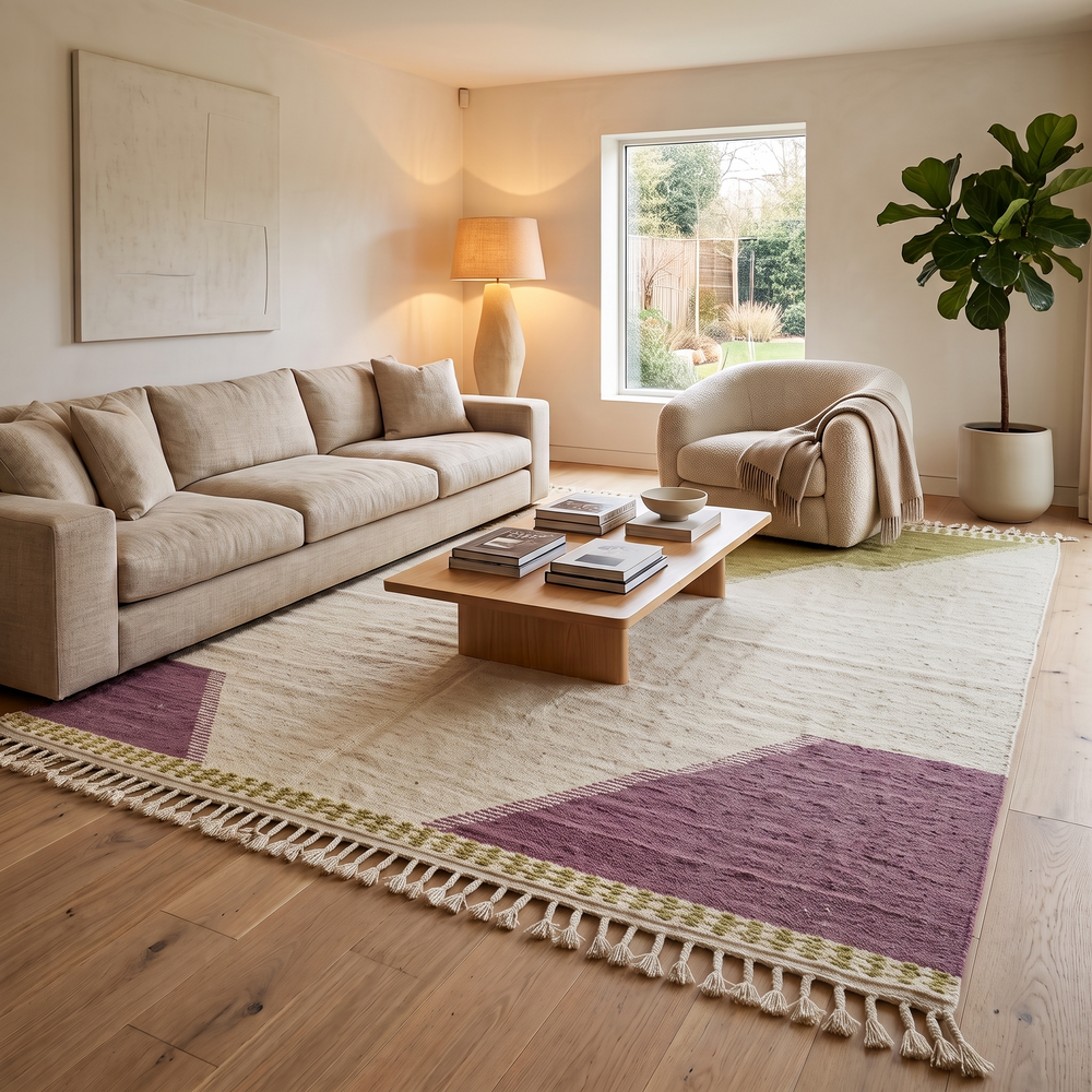 Handwoven Moroccan flatweave wool rug in sage green, lavender, and beige – geometric kilim Berber carpet