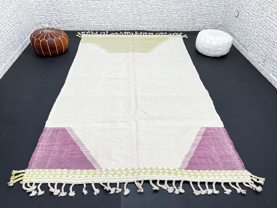 Handwoven Moroccan flatweave wool rug in sage green, lavender, and beige – geometric kilim Berber carpet