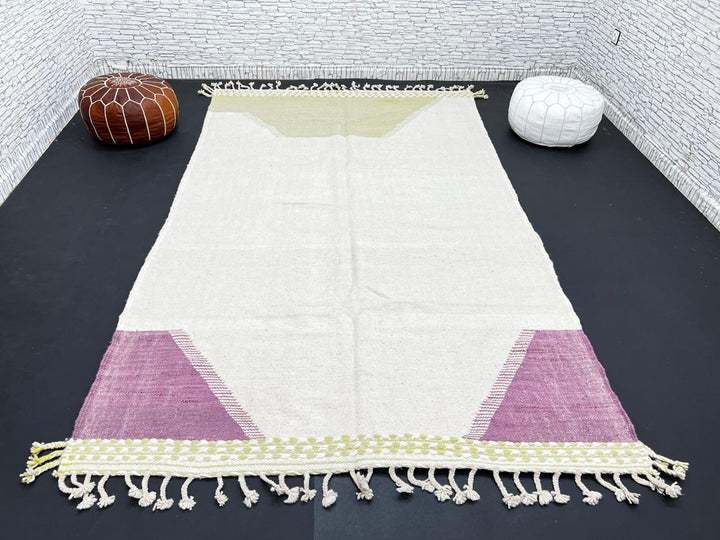 Handwoven Moroccan flatweave wool rug in sage green, lavender, and beige – geometric kilim Berber carpet