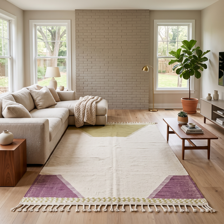 Handwoven Moroccan flatweave wool rug in sage green, lavender, and beige – geometric kilim Berber carpet
