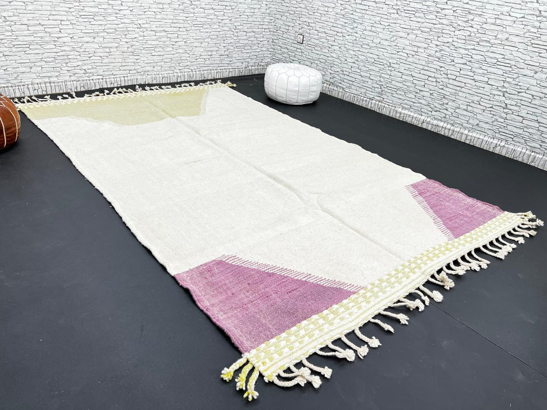 Handwoven Moroccan flatweave wool rug in sage green, lavender, and beige – geometric kilim Berber carpet