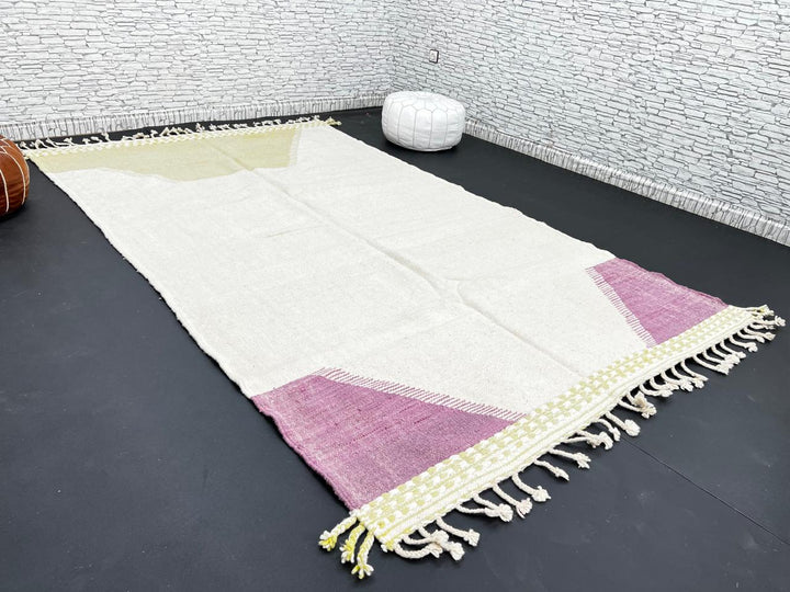 Handwoven Moroccan flatweave wool rug in sage green, lavender, and beige – geometric kilim Berber carpet