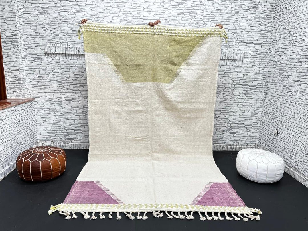 Handwoven Moroccan flatweave wool rug in sage green, lavender, and beige – geometric kilim Berber carpet