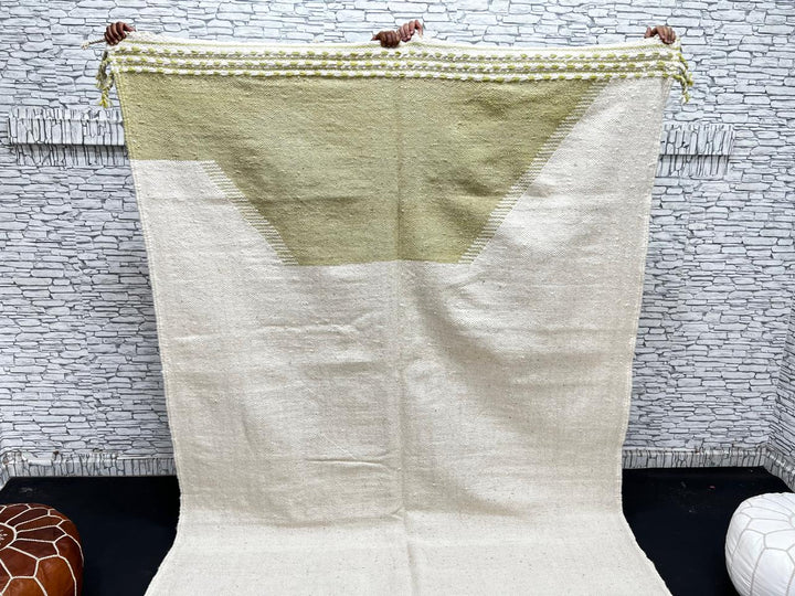 Handwoven Moroccan flatweave wool rug in sage green, lavender, and beige – geometric kilim Berber carpet