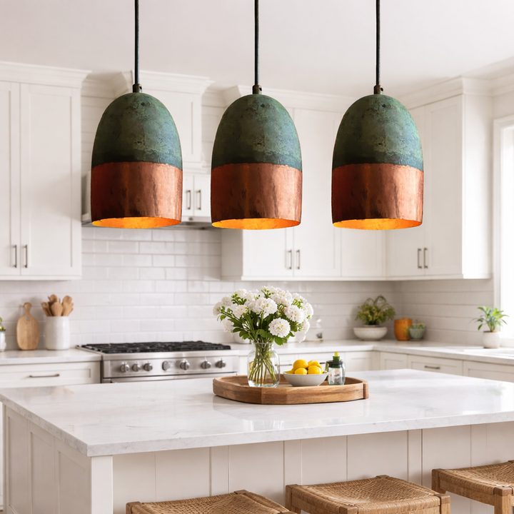 Moroccan Green Patina &amp; Copper Pendant Light – Handmade Kitchen Island Hanging Lamp