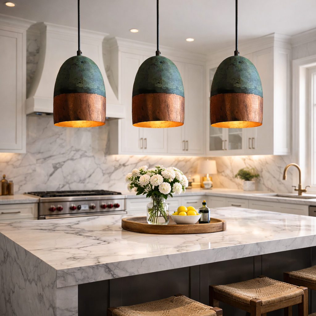Moroccan Green Patina &amp; Copper Pendant Light – Handmade Kitchen Island Hanging Lamp