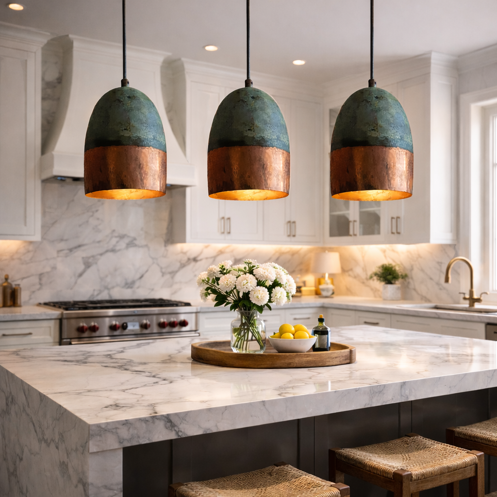 Moroccan Green Patina &amp; Copper Pendant Light – Handmade Kitchen Island Hanging Lamp